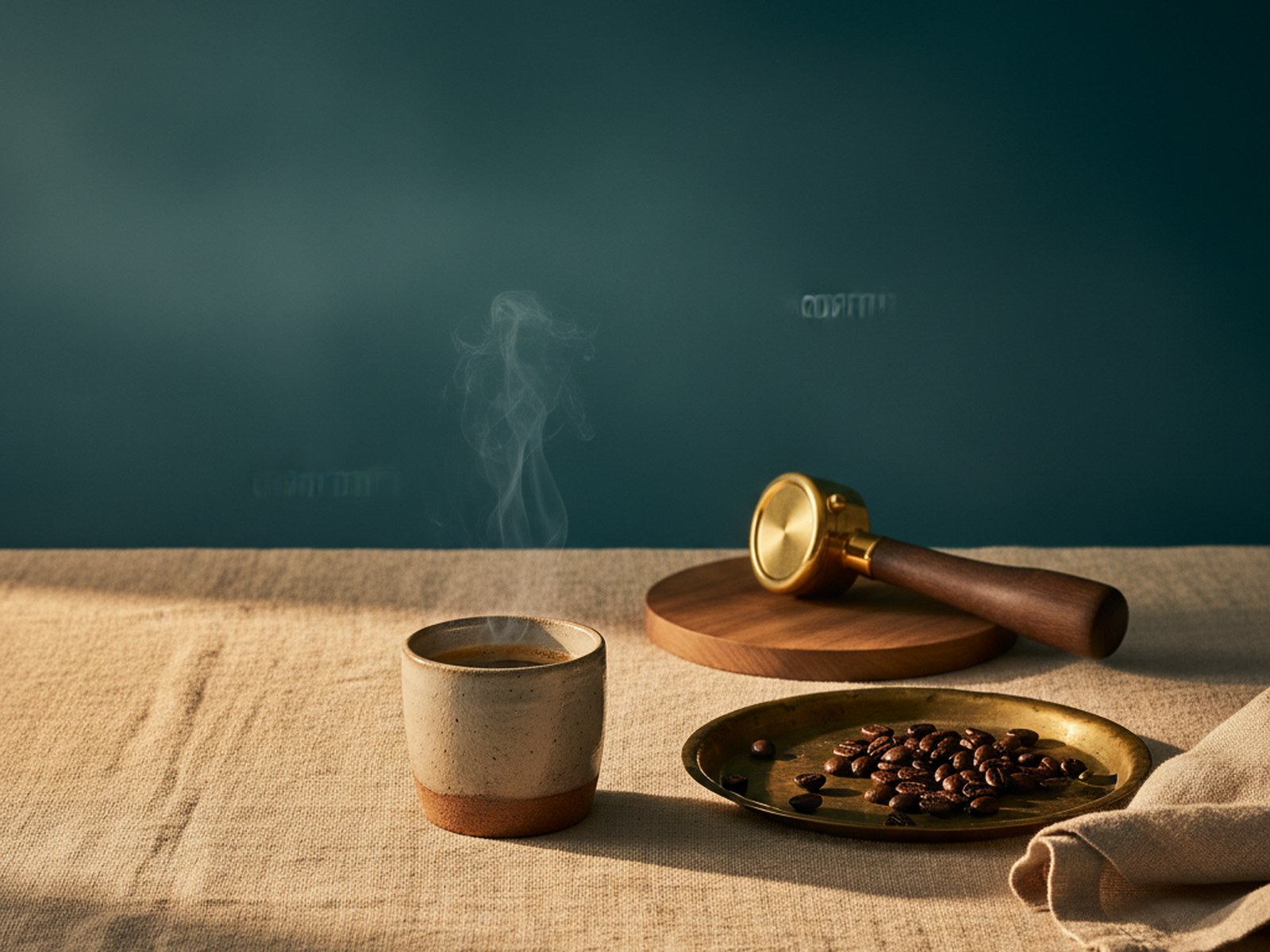 a stoneware mug with rising steam and dark espresso, beside a brass tray of dark-roasted coffee beans and a wooden-handled brass tamper on cream linen