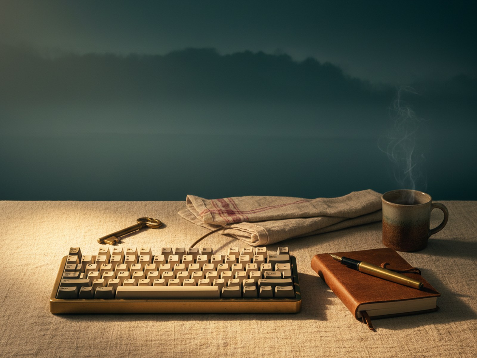 a vintage mechanical keyboard with cream keycaps, a leather-bound journal with a brass fountain pen, a steaming ceramic mug, and a brass key on cream linen