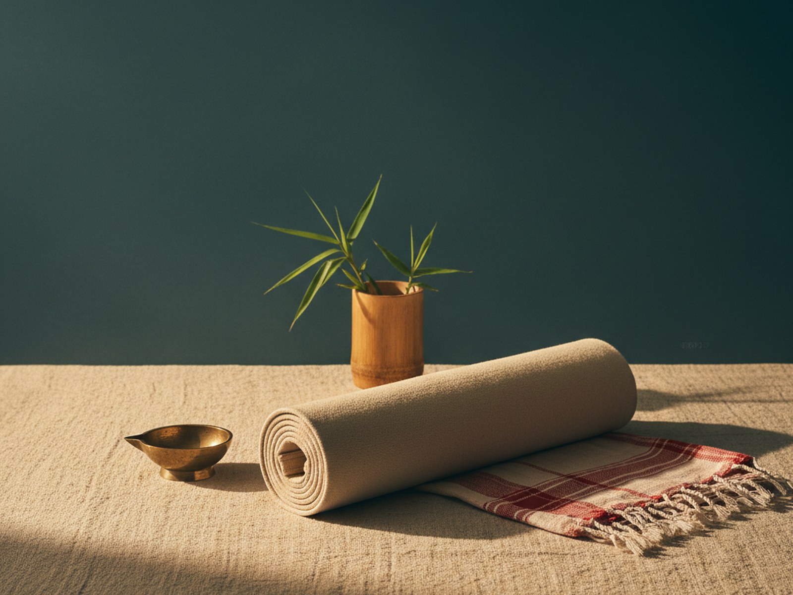 a rolled cream yoga mat with a brass diya and a small bamboo cup of leaves on woven cotton, beside a folded red-and-cream assamese gamosa