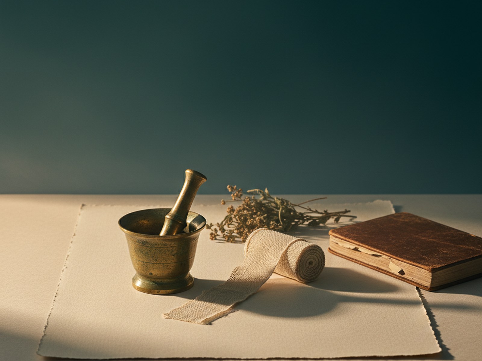 a brass mortar and pestle with a partially unrolled cotton bandage and a leather-bound notebook on cream uncoated paper, with dried herb sprigs behind