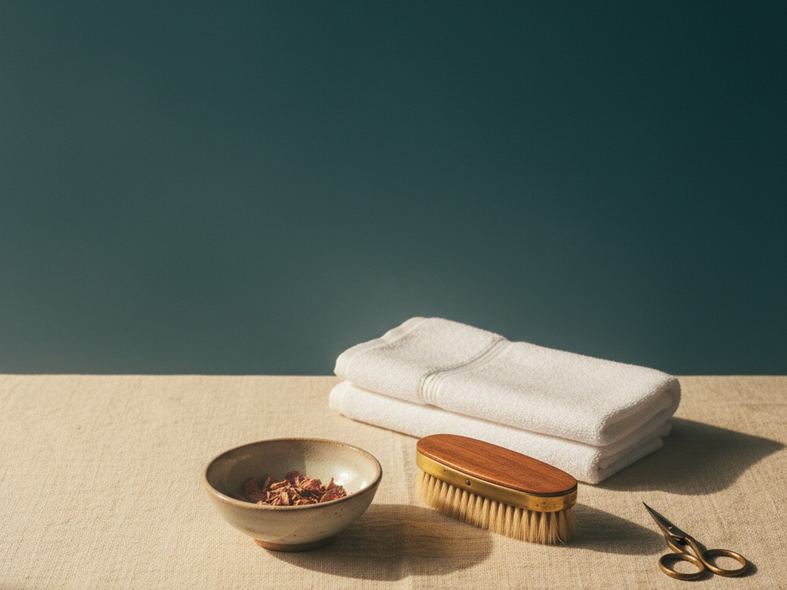 a handmade ceramic bowl of dried rose petals, a boar-bristle brush with brass details, and patinated brass scissors on cream linen beside a folded white cotton towel