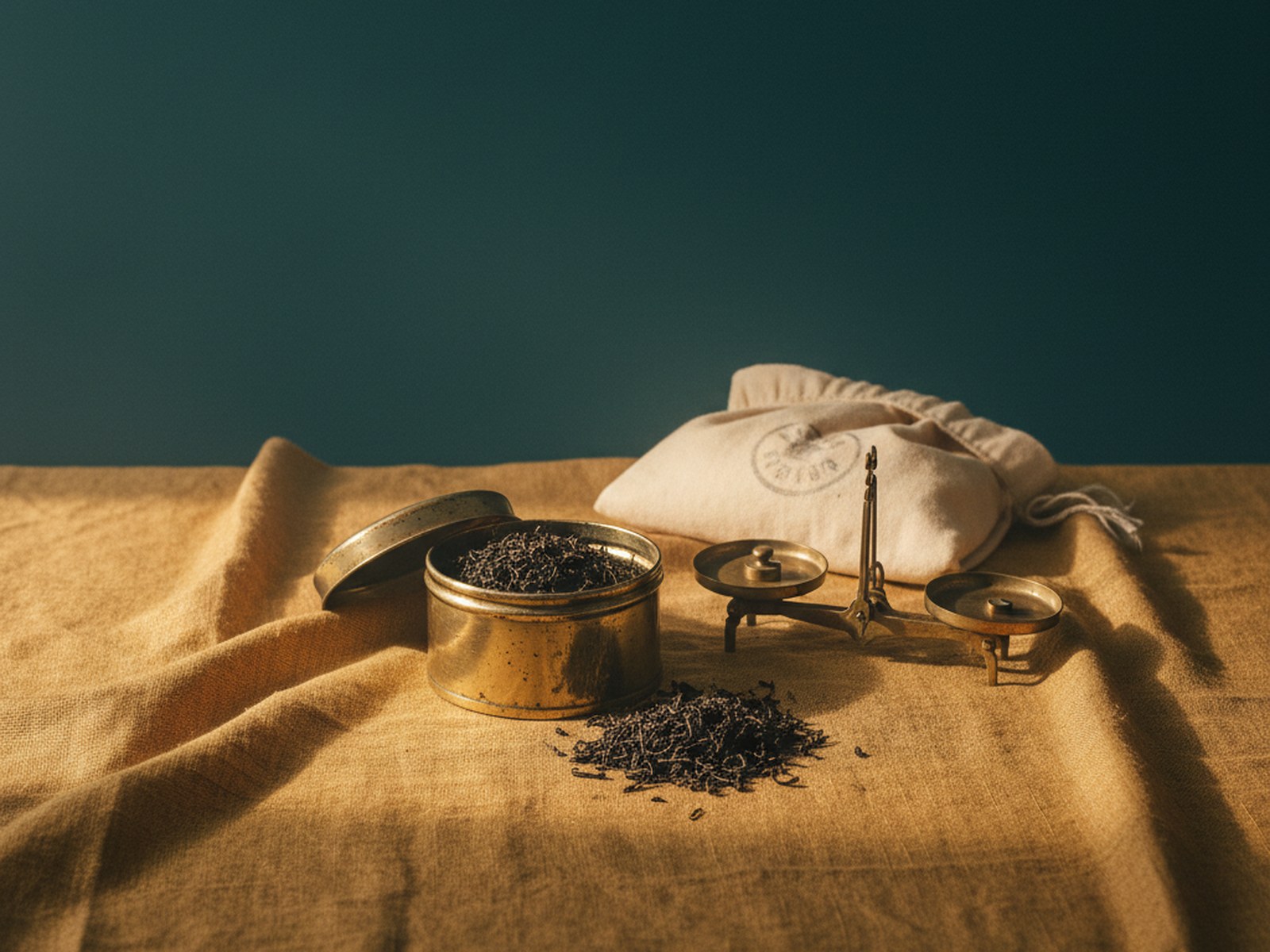 a brass tea caddy with first-flush leaves spilling onto muga silk, beside a small brass weighing scale and a cream cotton provenance sack