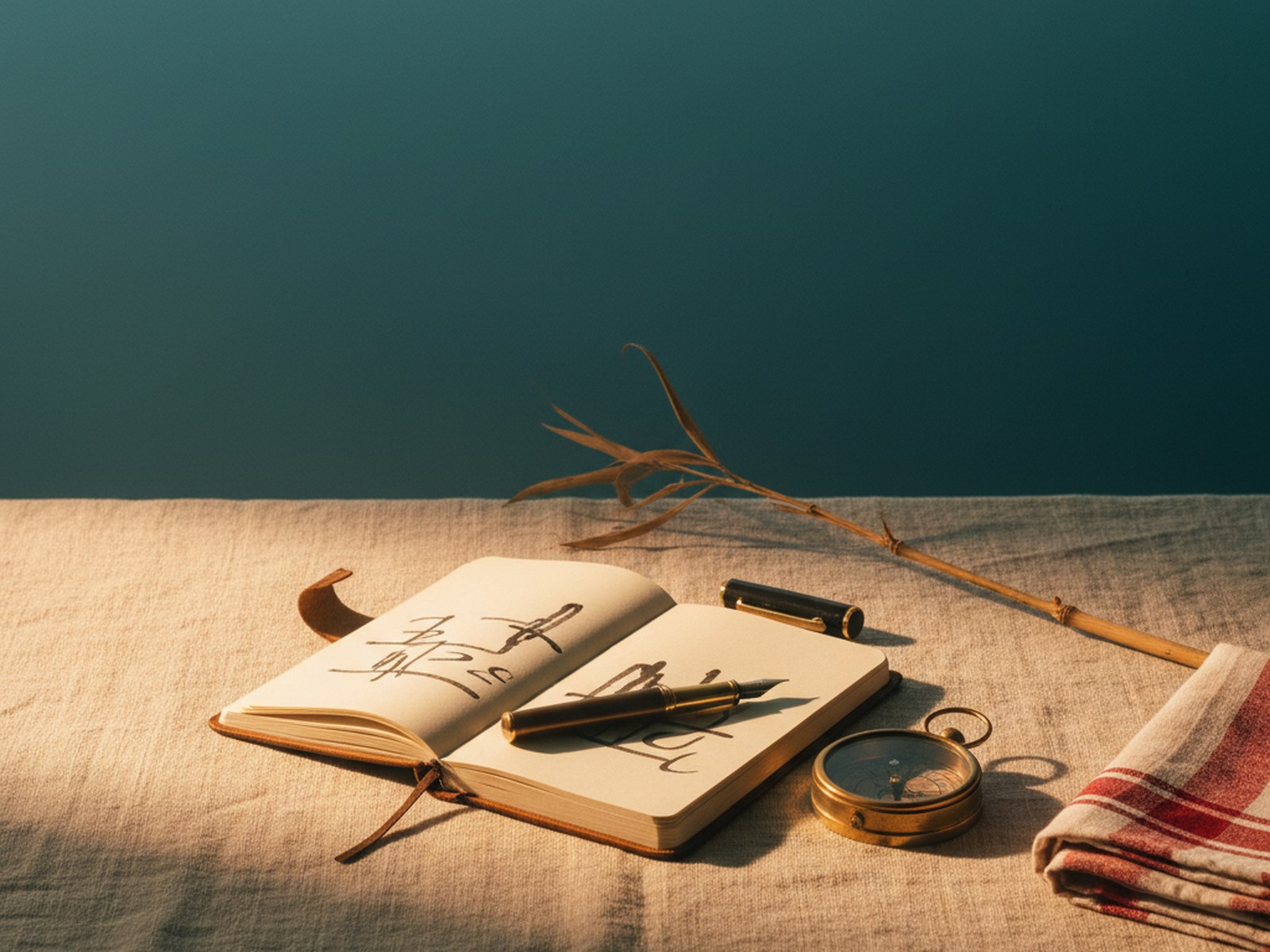 an open leather travel notebook with a brass fountain pen and a brass compass on cream linen, beside a folded assamese gamosa and a dried bamboo shoot