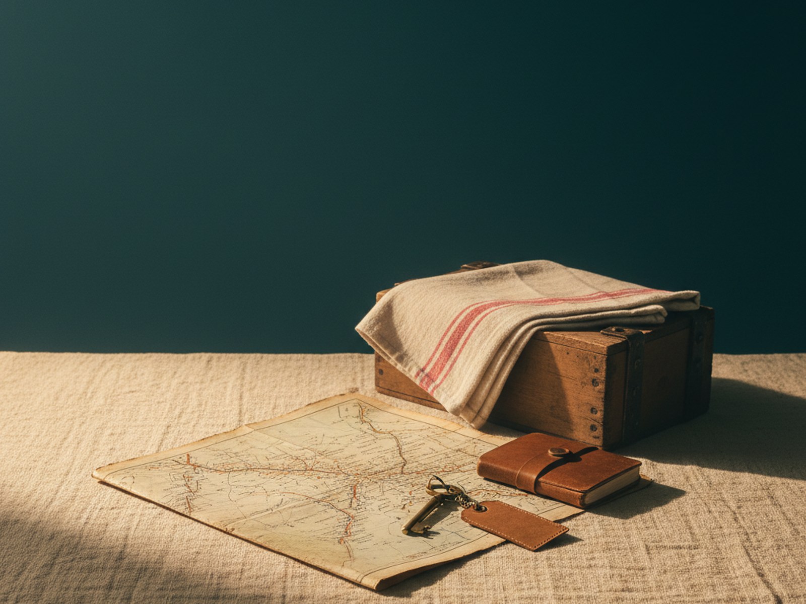 a vintage leather ledger and a brass key resting on cream linen, beside a worn rolled paper map and a small folded handwoven cloth — heritage cargo and journey aesthetic