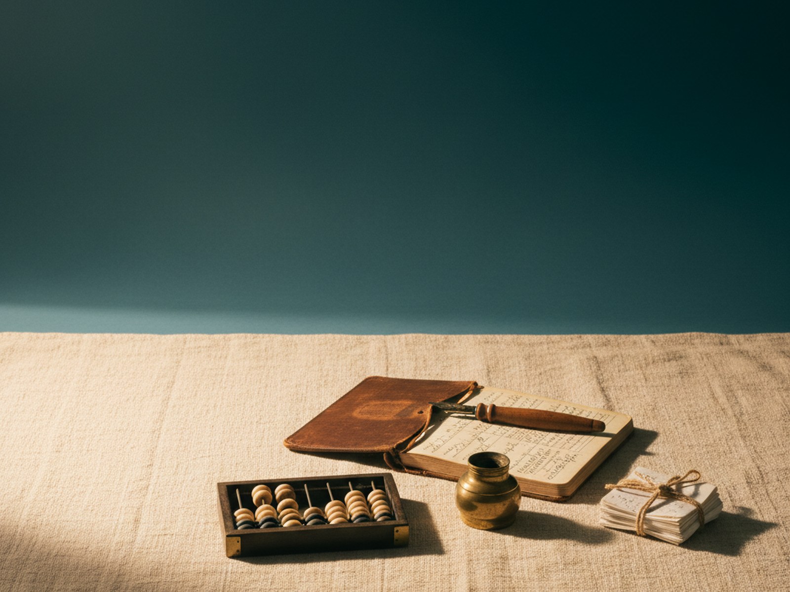 a brass abacus, a leather-bound ledger, a brass inkwell with a wooden-handled pen, and a small stack of paper receipts on cream linen — accounting and ledger heritage aesthetic