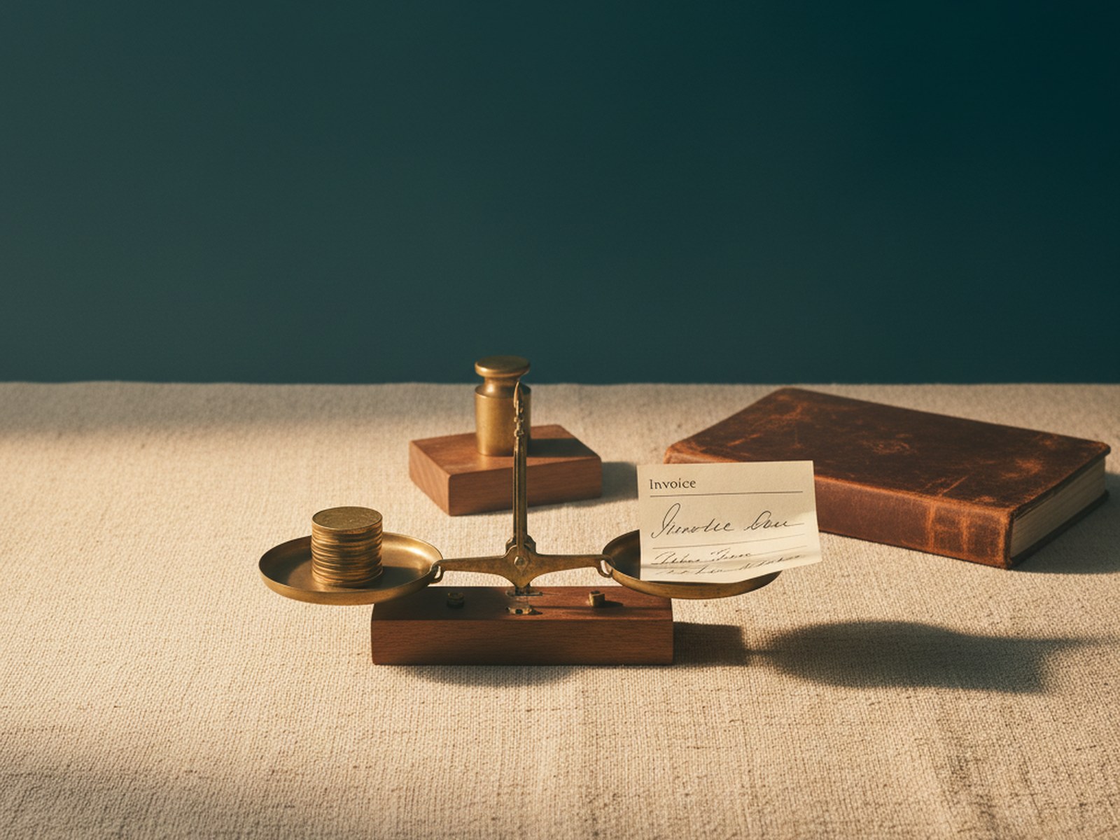 a brass weighing scale balanced with a small stack of coins on one side and a folded paper invoice on the other, on cream linen — financial measurement and balance heritage aesthetic