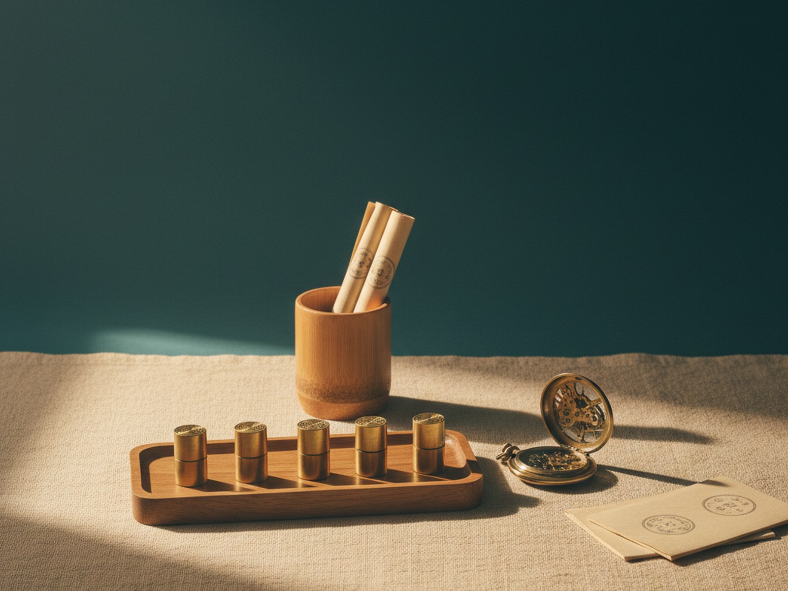 a row of identical brass tools arranged on a wooden tray, a vintage mechanical clock, and a small stack of stamped paper documents on cream linen — repetition, timing, and ledger work